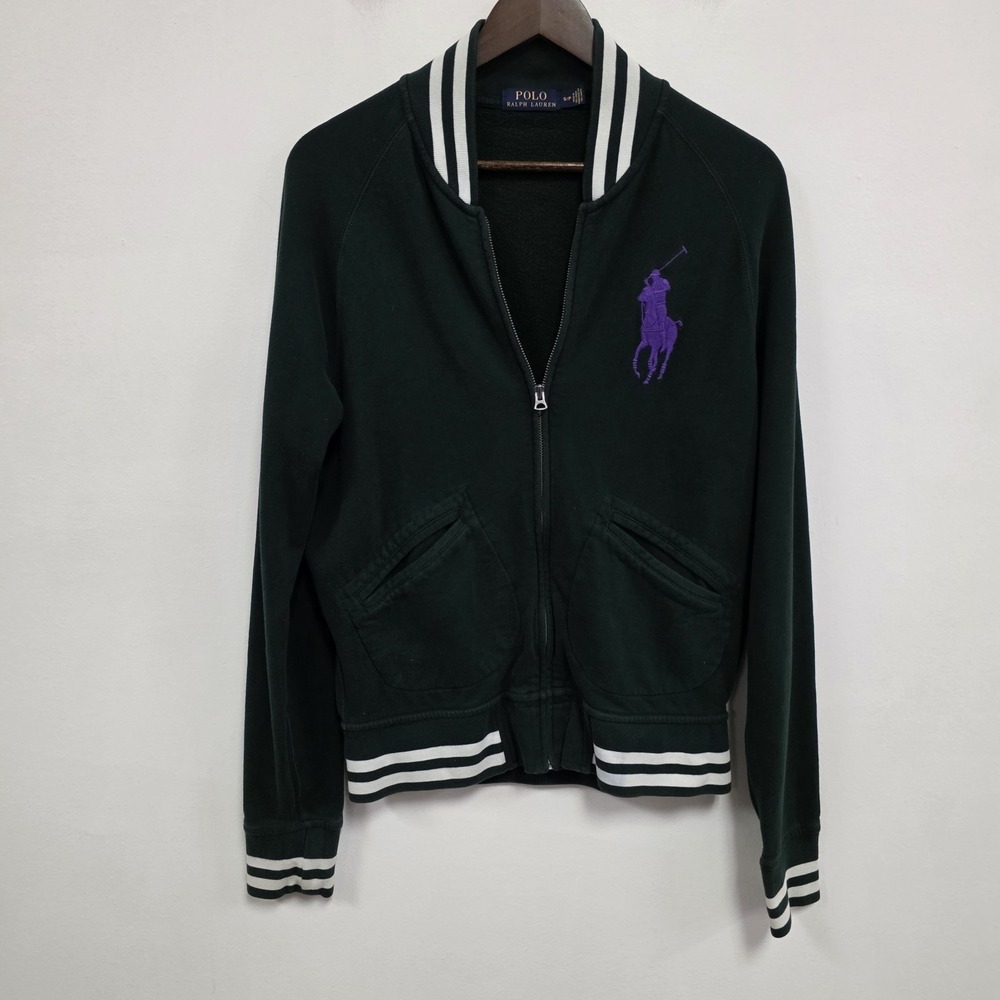 Polo Ralph Lauren Mens Big Pony Fleece Jacket Size S Bomber Striped Green Pocket